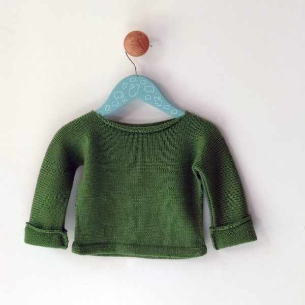 pull enfant 6 mois vert-bleu dos uni, tricoté par charlotte tricote.