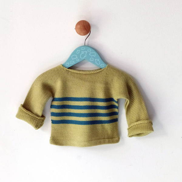 pull enfant 3 mois vert anis-bleu tricoté avec de jolies couleurs en France.